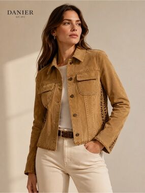 Danier Tan Suede Leather Jacket Crochet Trim Button Front Women’s Medium